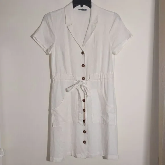 ModCloth Women's Linen Blend Enthralled Again Ivory Shirt Dress Size M EUC - Picture 4 of 11